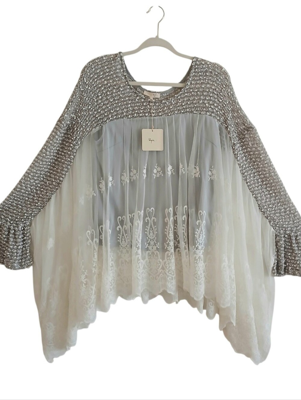NEW RYU Layered Lace Mixed Media Batwing Tunic M Bohemian Oversized Ethereal